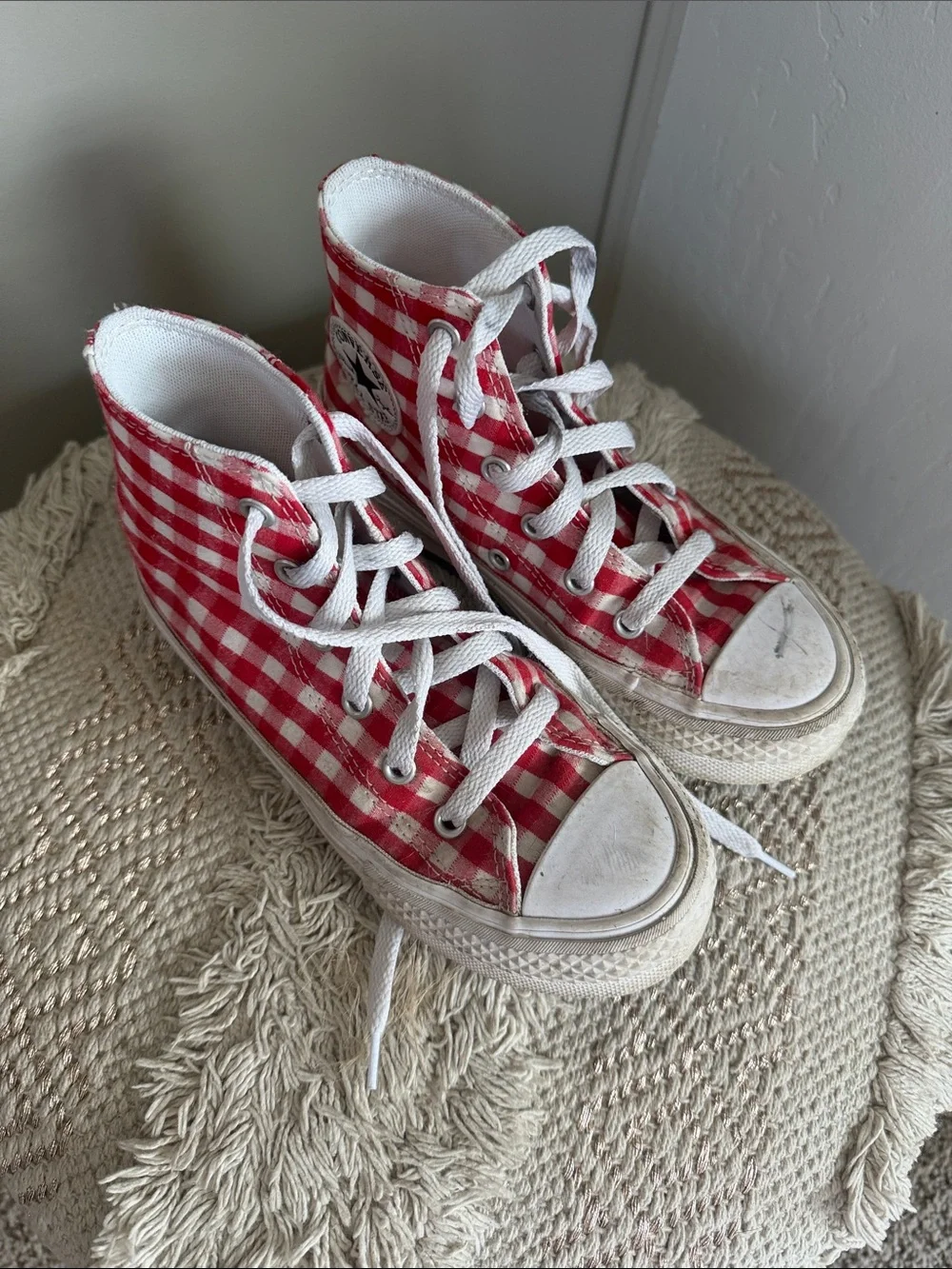 Kids Red Gingham High-Top Canvas Sneakers